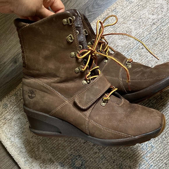 Timberland Brown Leather Lace Up Wedge Boots - Picture 7 of 7
